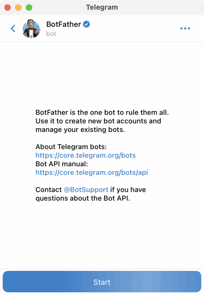 BotFather 시작 버튼 화면