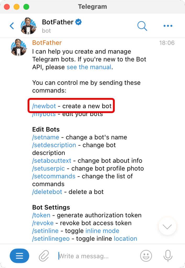 새 봇 생성 명령 화면